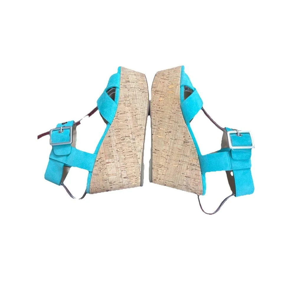 Marc Fisher LTD Cacie‎ Turquoise Suede Platform Sandal Buckle Women Sz 6.5 M Fun